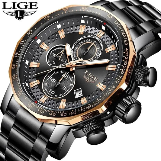 Montre Sport Homme LIGE Chronographe Or Noir - Acier Waterproof Luxury