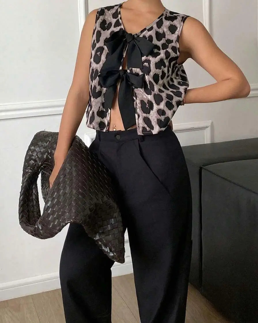 Débardeur Femme Léopard Col V Lacets - Dos Nu Sexy Casual Été