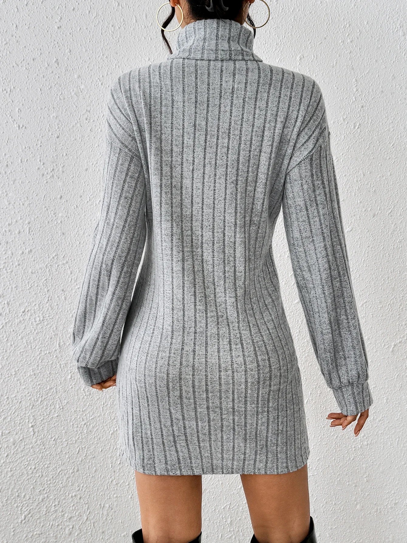 Robe Côtelée Col Montant Femme - Épaules Tombantes Élégante pour Bureau