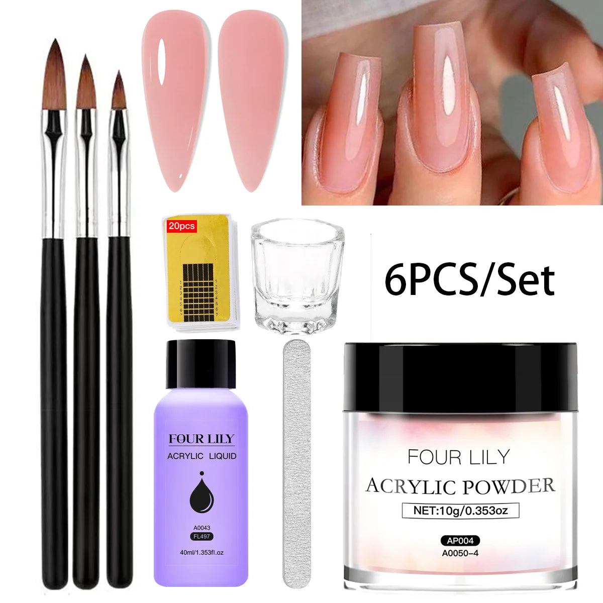 Set Poudre Acrylique 10g + Liquide 40ml avec Pinceau - Rose Blanc Transparent Extension Ongles Sculpture