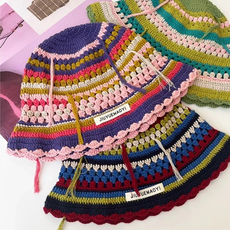 Chapeau Bob Crochet Coréen Fait Main avec Fleurs - Bonnet Tricoté Y2K Femme pour Automne Hiver
