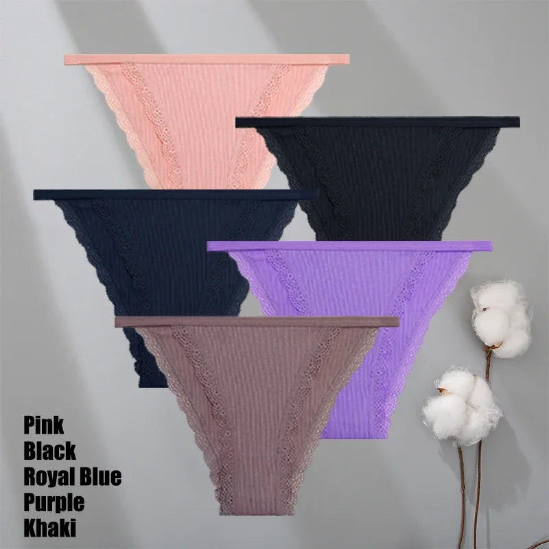 Lot 5 Culottes Dentelle Coton Femme - Slips Couleur Unie Sexy Confortables | Lingerie Respirante