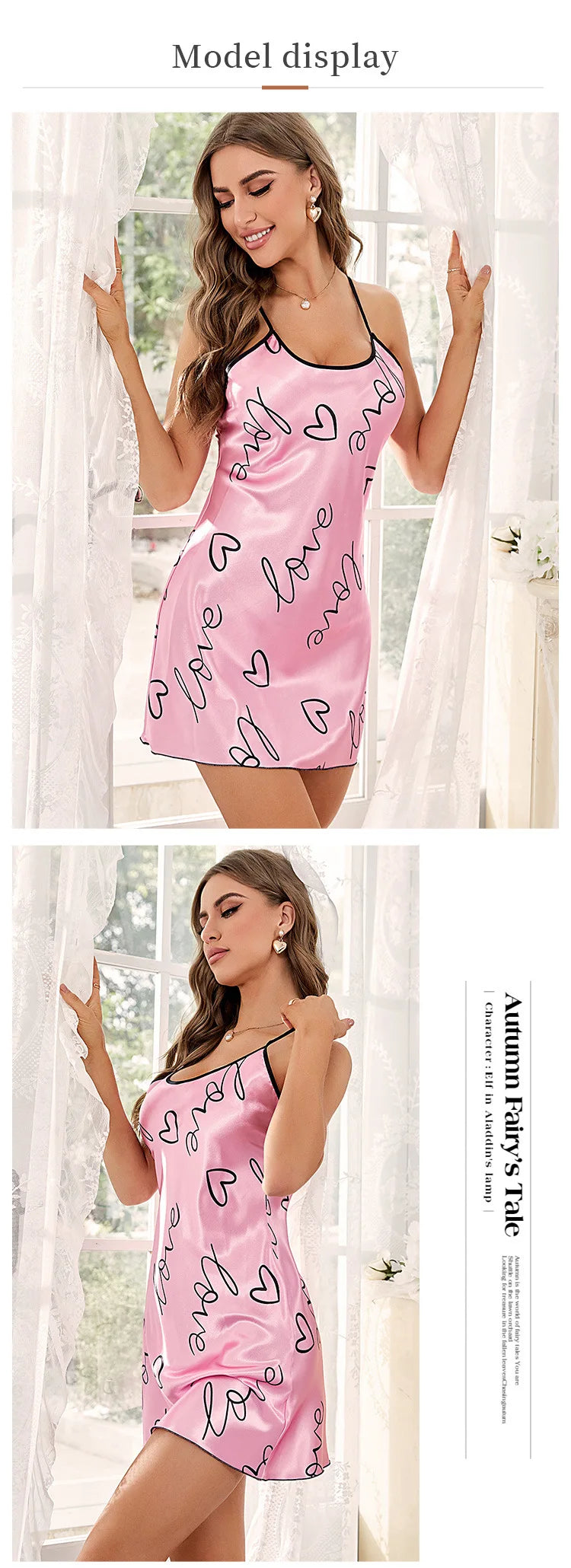 Nuisette Imprimé Cœur Lettres Bretelles Spaghetti - Col Rond Casual Sleep Dress Pyjama Femme