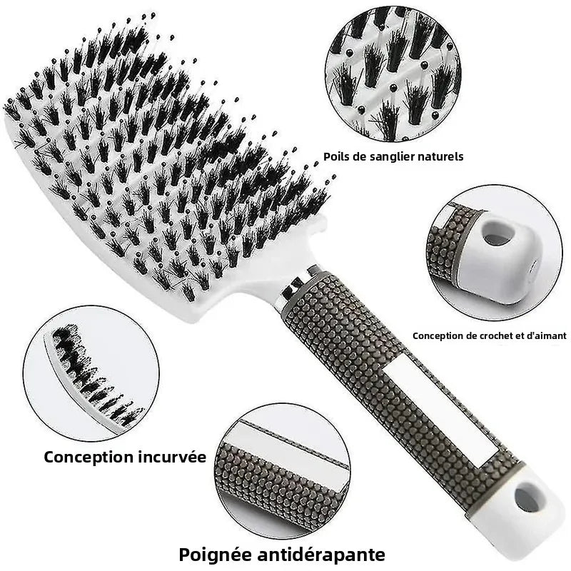 Brosse Cheveux Massage Cuir Chevelu - Poils Sanglier Nylon Femme Mouillés Bouclés Démêlage Salon Coiffure