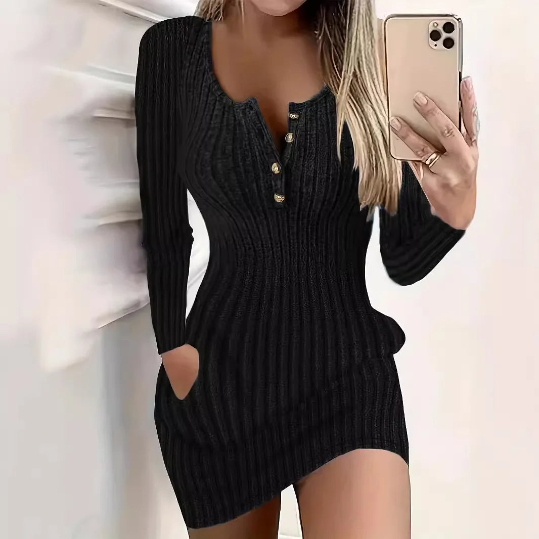 Robe Pull Femme Boutons Manches Longues - Mini Robe Moulante Tricot Côtelé Automne Hiver