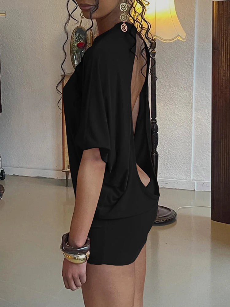 Robe Mini Dos Nu Femme Manches Courtes - Robe Moulante Sexy Y2K Streetwear