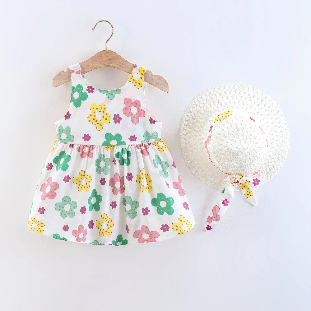 Ensemble Bébé Fille Été - Robe Princesse Florale + Chapeau Nœud 2 Pièces 3-6 Mois