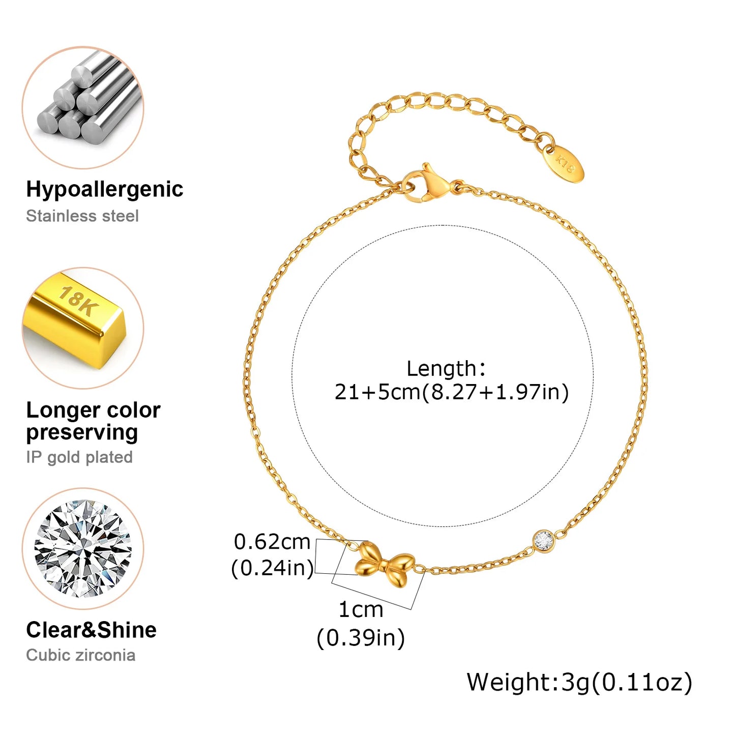 Bracelet Cheville Papillon Vnox Acier Inoxydable - Anklet Zircon Nœud Bijou Femme Fille