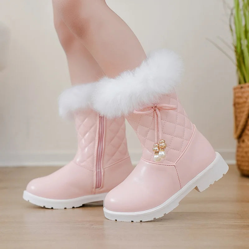 Bottes Neige Filles 2025 avec Nœud - Bottines Hiver Fourrées Imperméables Mi-Mollet