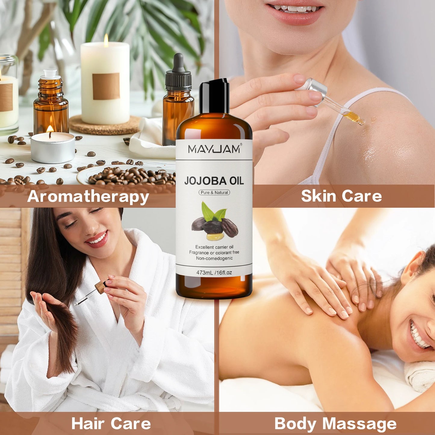 Huile Végétale Bio 473ml MAYJAM - Tournesol Amande Argan Jojoba Coco, Massage Hydratation Cheveux Peau Visage