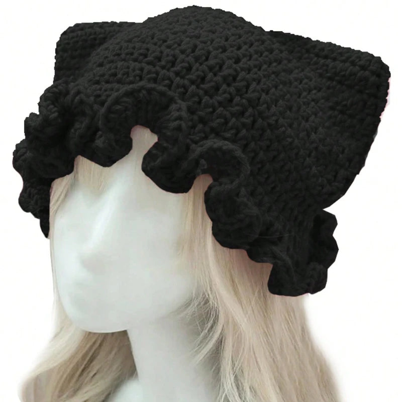 Bonnet Tricoté Main Y2K Oreilles de Chat - Chapeau Chaud avec Nœud et Bords Plissés pour Automne Hiver