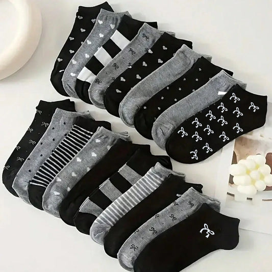 Chaussettes Famille 3-20 Paires Assorties - Noir Gris Nœud Cœur Rayures Courtes Femme Homme Matching