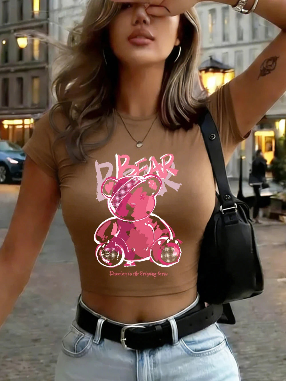 Top Crop Femme Bear With Serious Injuries - T-Shirt Doux Slim Col Rond Été