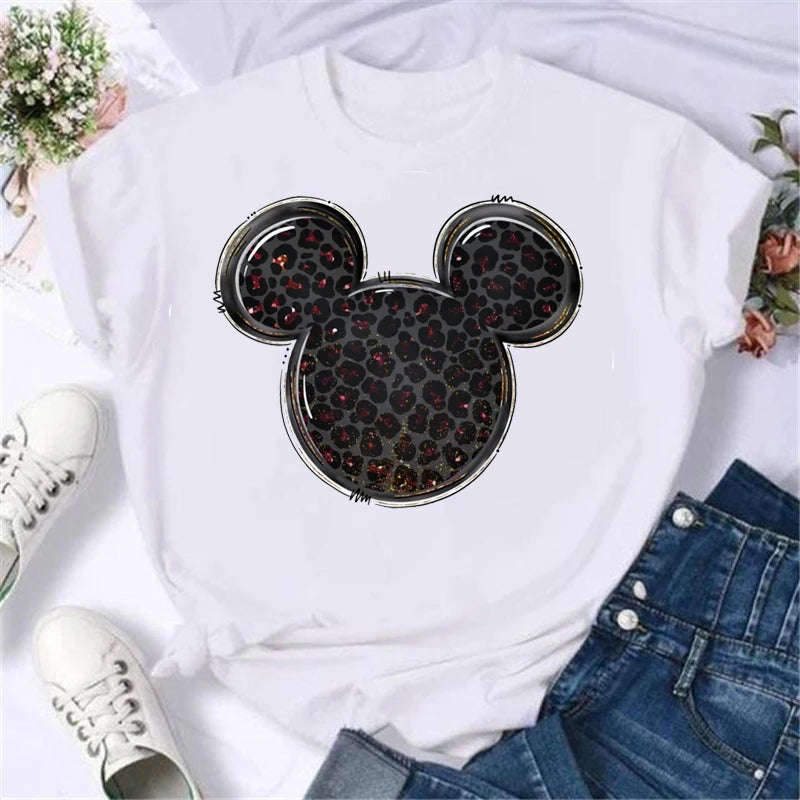 T-Shirt Disney Mickey Minnie Léopard - Femme Homme Enfant - Manches Courtes Casual