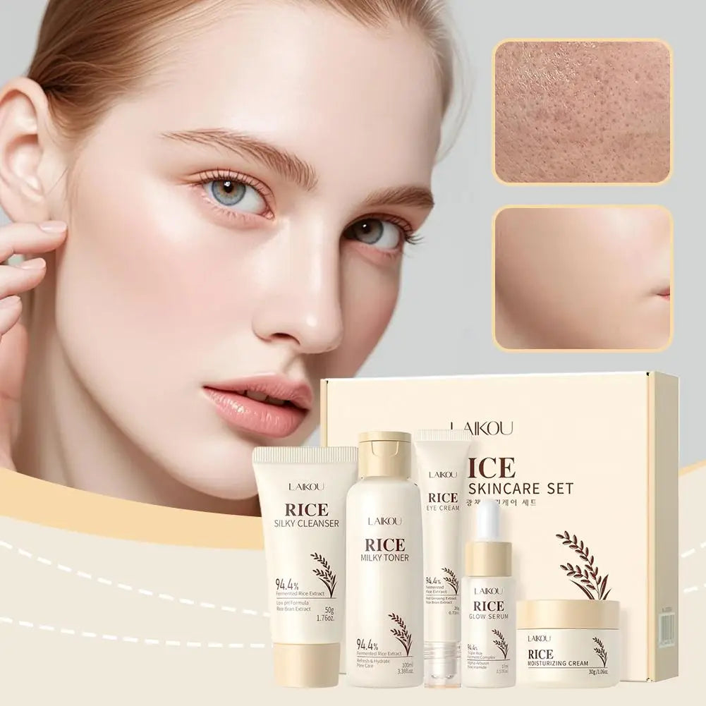 LAIKOU Set Soin Visage Riz Anti-Âge - Crème Yeux Nettoyant Essence Tonique Raffermissant Hydratant Complet