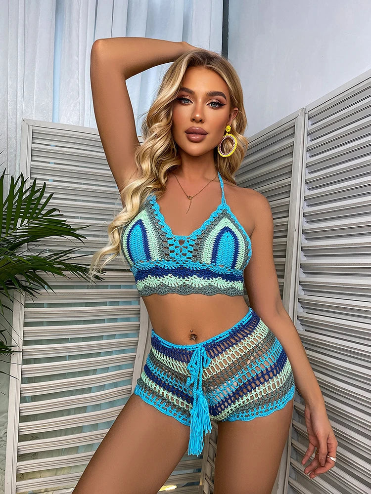 Ensemble Bikini Crochet Rayé Arc-en-Ciel - Top Épaules Dénudées et Bas Assorti Multicolore pour Plage