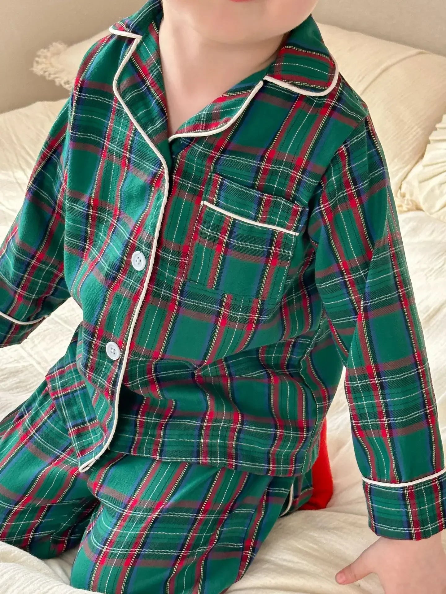 Pyjama Noël Enfant - Ensemble Coton Carreaux 2 Pièces Boutons Xmas