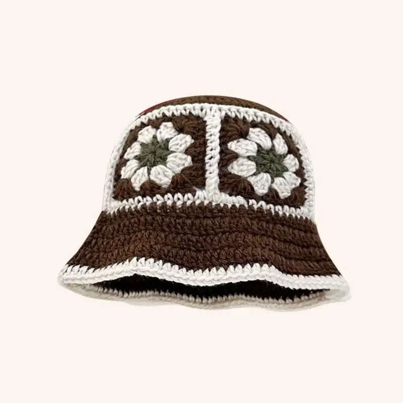 Chapeau Bob Crochet Coréen Fait Main avec Fleurs - Bonnet Tricoté Y2K Femme pour Automne Hiver