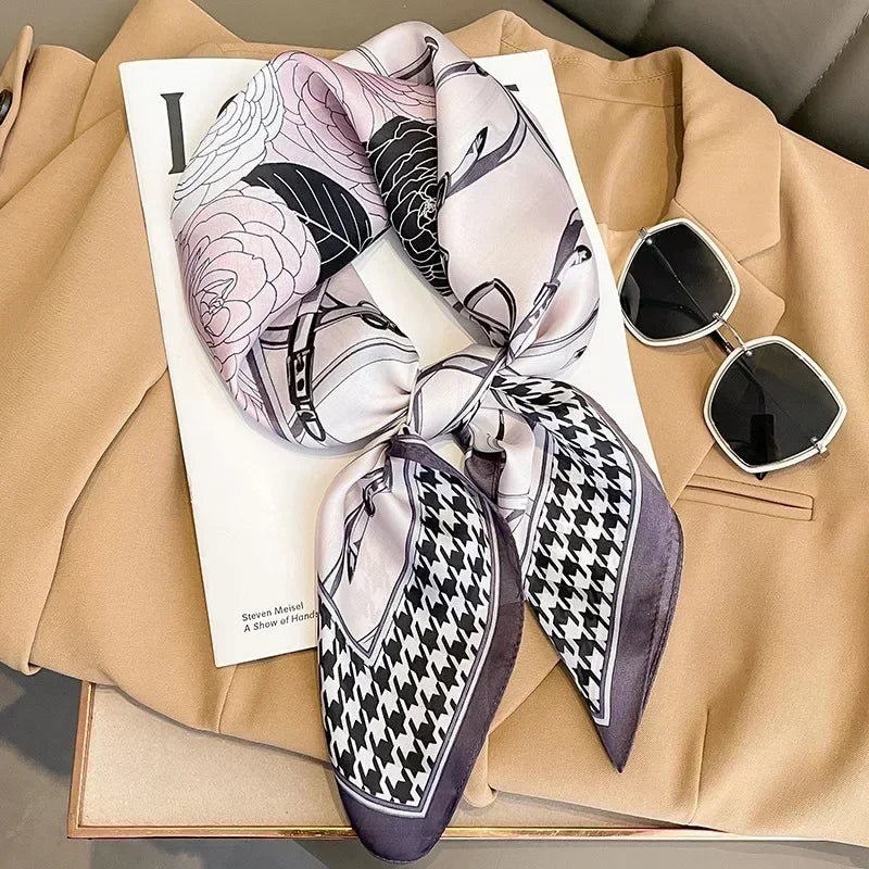 Foulard Carré Soie Imprimé Luxe Femme - Bandeau Cheveux Satin Cheval Bureau Hijab