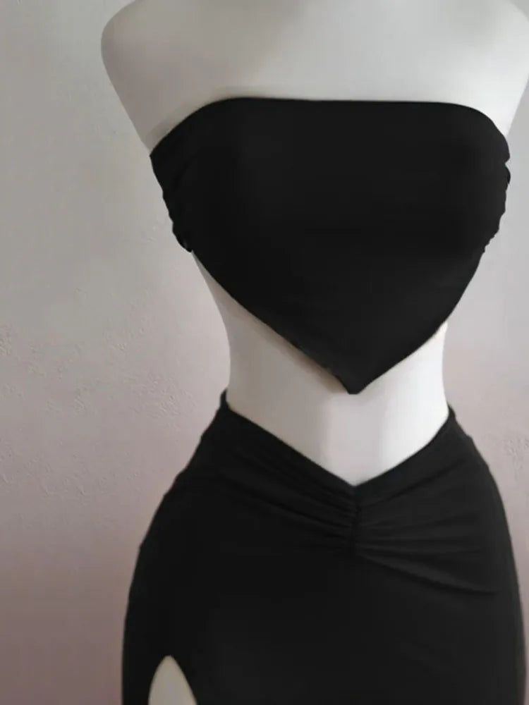 Ensemble 2 Pièces Femme Été - Crop Top Bustier Jupe Taille Haute Fendue Sexy Soirée