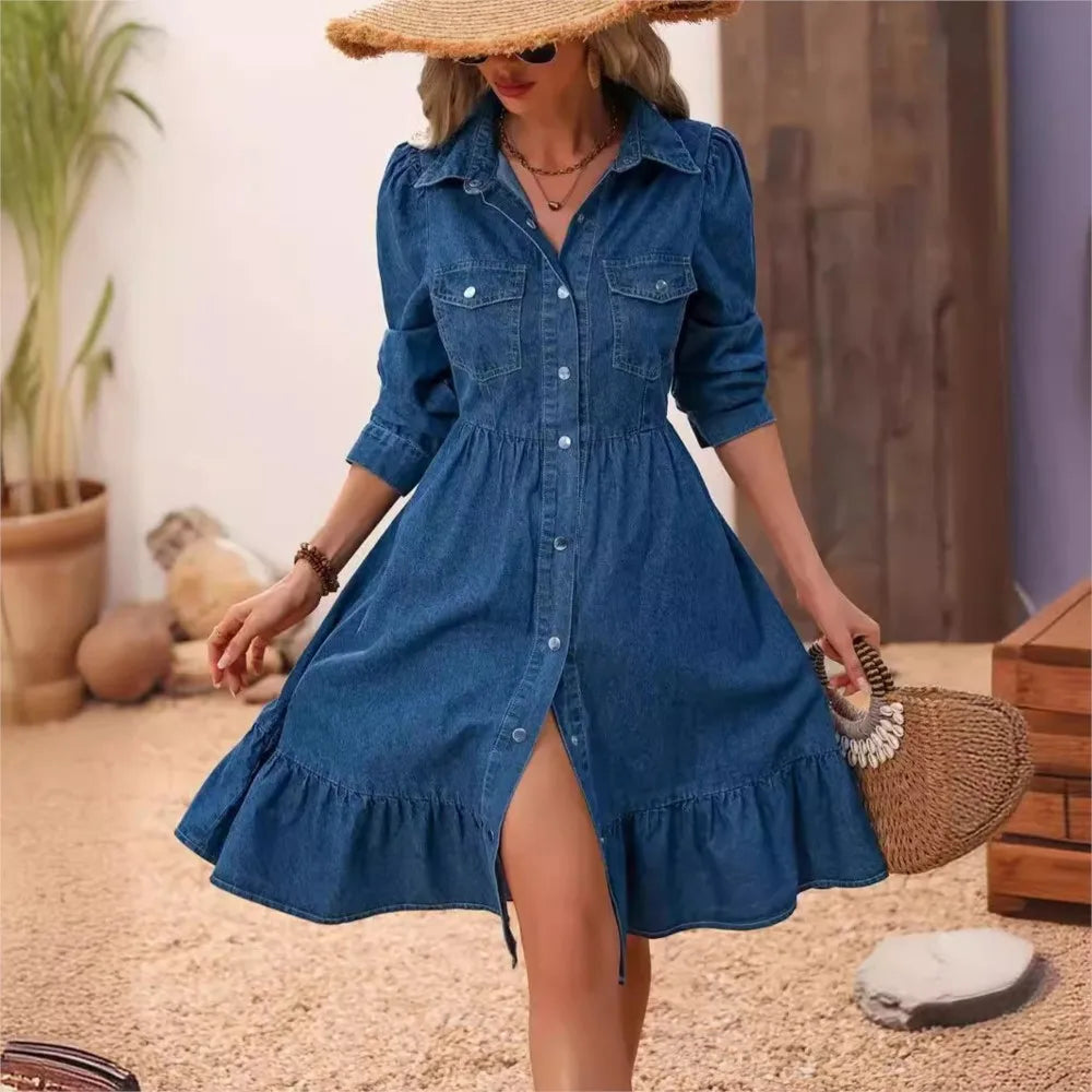 Robe Denim Chemise Manches Courtes - Printemps Été 2025 Taille Slim Patchwork Poches Élégante A-Line Femme