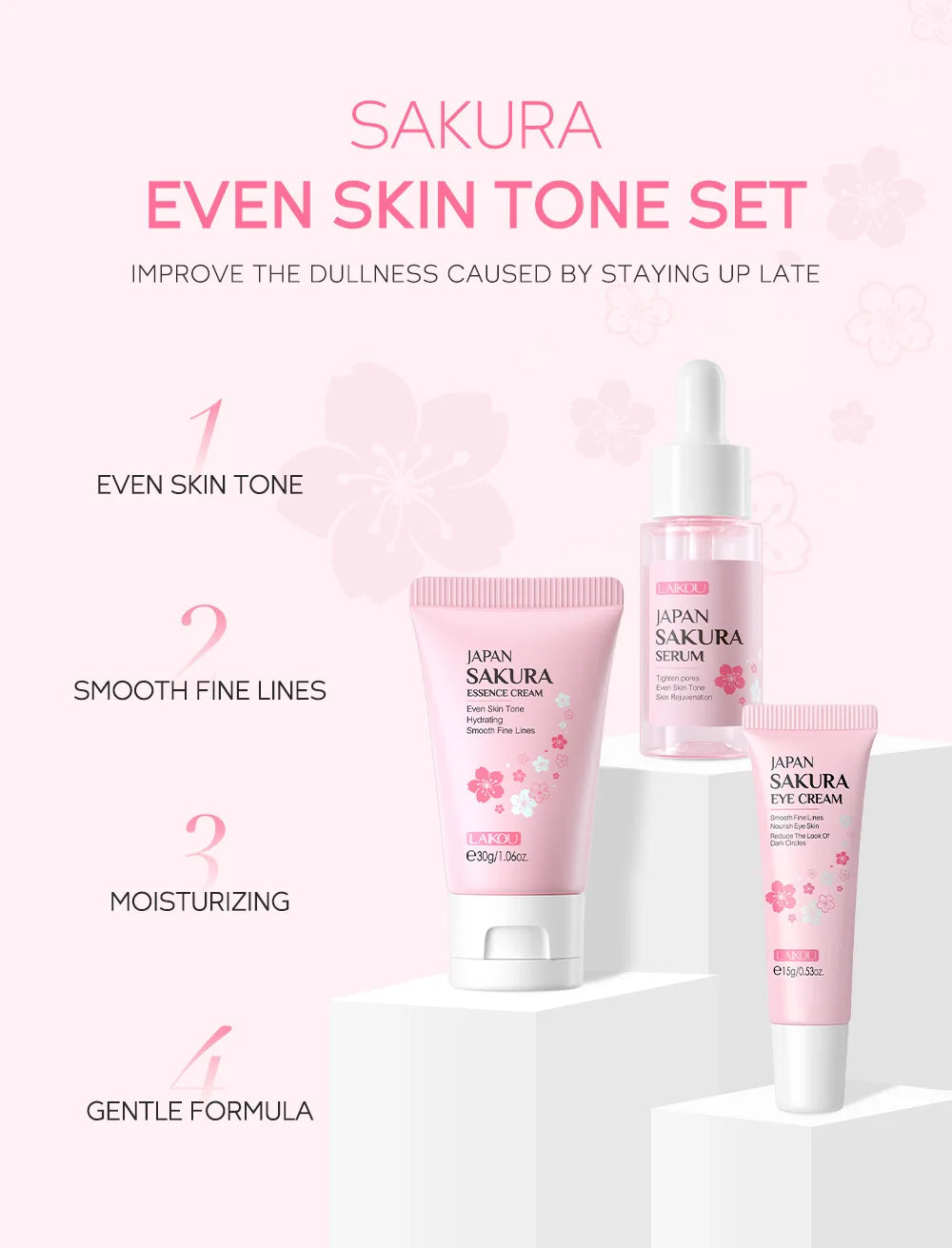 Coffret Soin Visage LAIKOU 3pcs - Vitamine C Or 24K Sakura Crème Sérum Contour Yeux Hydratant Anti-Rides