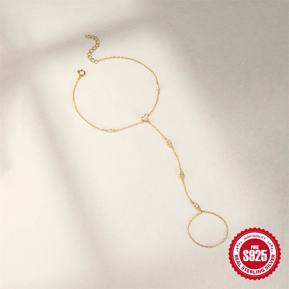 Bracelet Bague Argent 925 Cœur Pétale Zircon - Chaîne Main Femme Minimaliste Scintillant