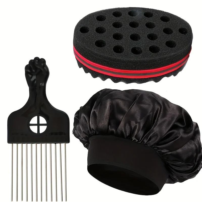 Set 3pcs Accessoires Cheveux Bouclés - Brosse Mousse Sculptante Peigne Démêlant Aiguilles Acier Bonnet Nuit Satin
