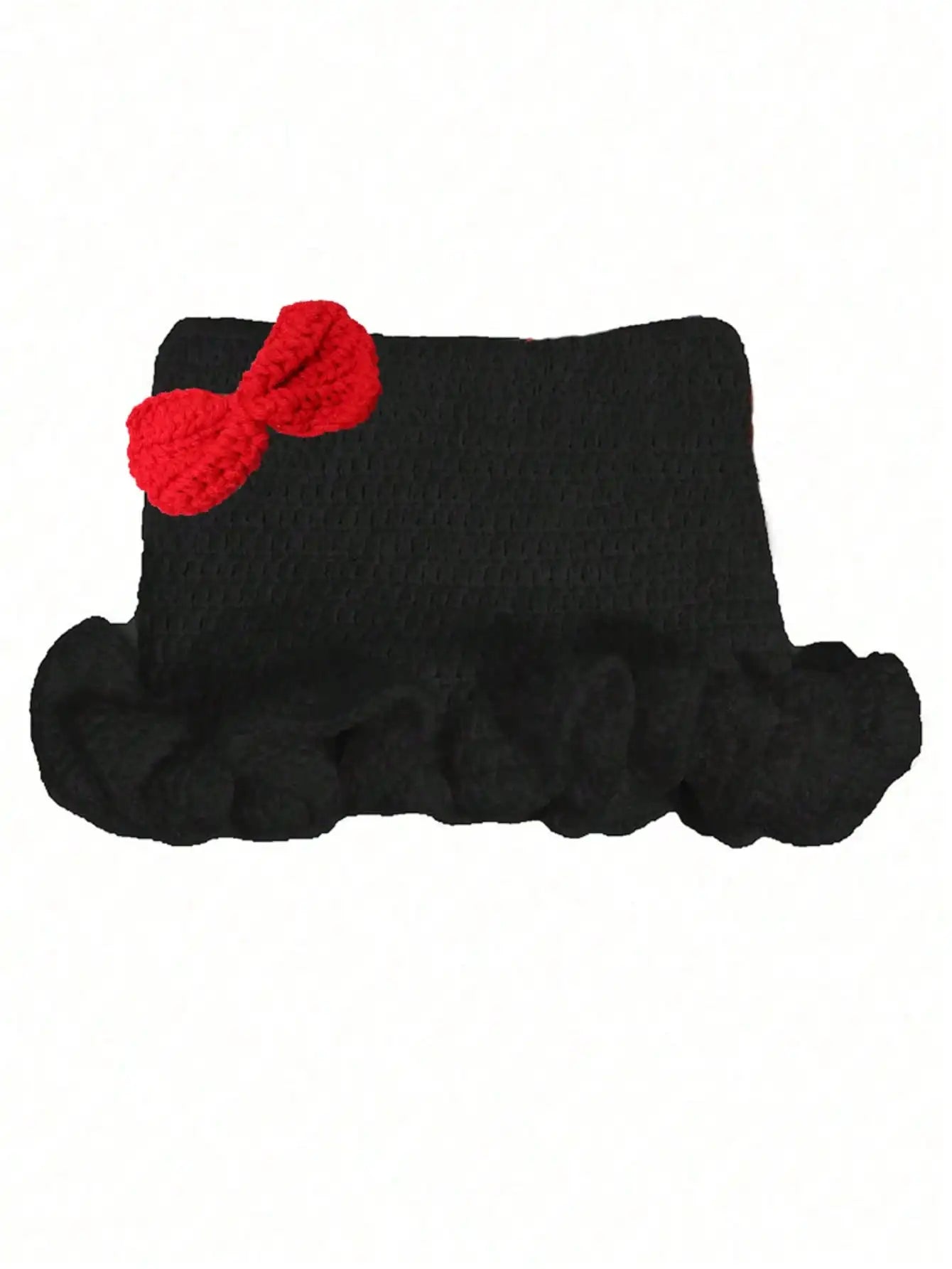 Bonnet Tricoté Main Y2K Oreilles de Chat - Chapeau Chaud avec Nœud et Bords Plissés pour Automne Hiver