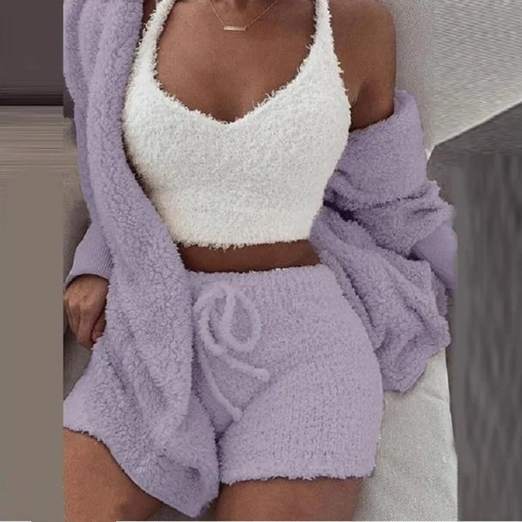 Ensemble Pyjama Fluffy 3 Pièces Femme - Hoodie Débardeur Short Grande Taille Hiver