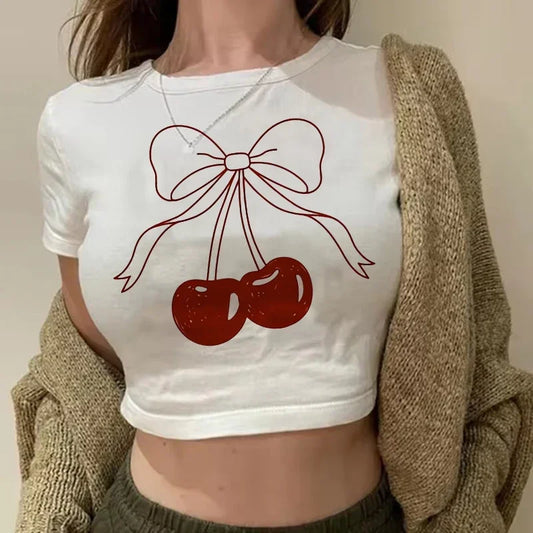 Top Crop Femme Strawberry Cherry - T-Shirt Gothic Harajuku 90s Streetwear Été