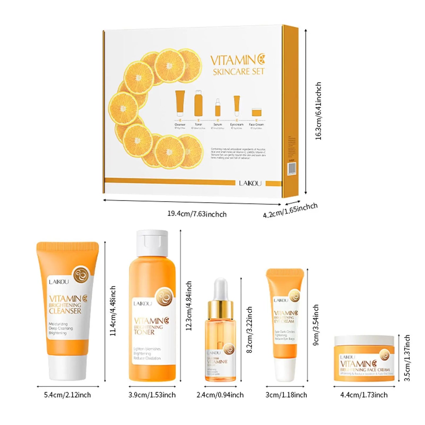 Set Soin Visage Vitamine C 5pcs - Nettoyant Tonique Sérum Yeux Crème Antioxydant Naturel Unifie Teint