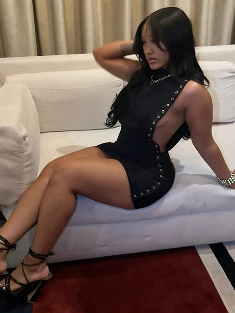 Robe Mini Femme Anneaux Métalliques - Robe Moulante Sexy Club Évidée