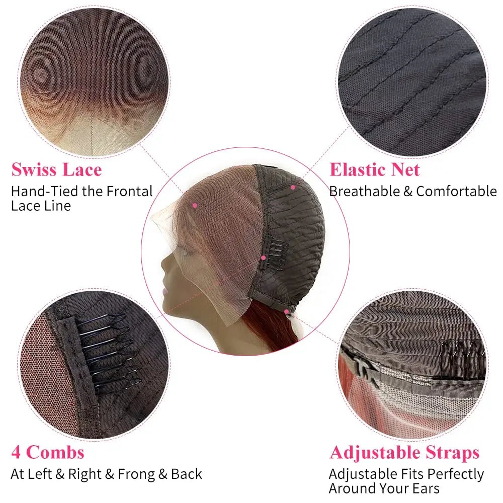 Perruque Bob Lace Front 13x4 Cheveux Humains - Péruvienne Lisse Marron Roux 33 Sans Colle Densité 180%