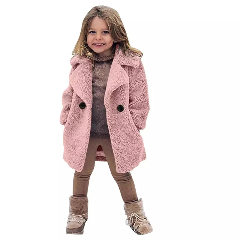 Veste Laine d'Agneau Enfant - Manteau Chaud Hiver Polaire - Boutons Simple Rangée 2-14 Ans