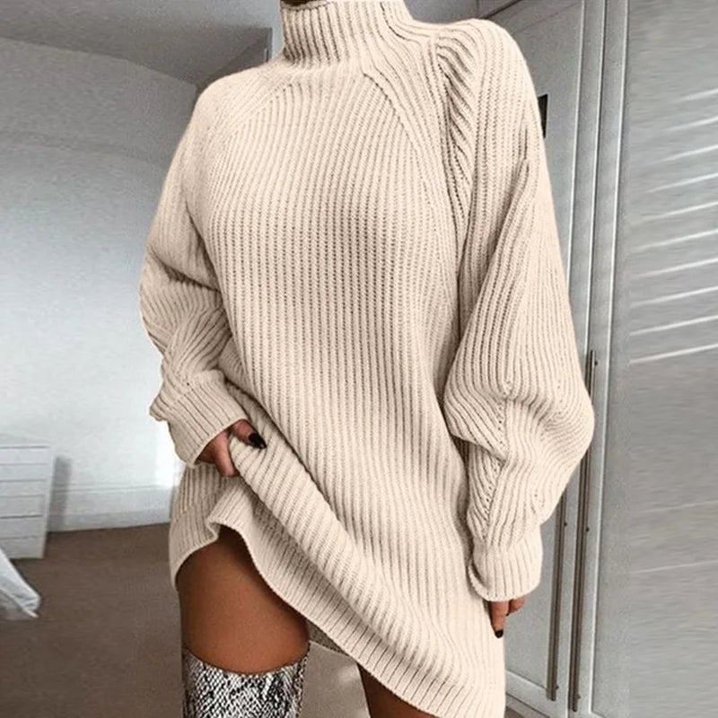 Robe Pull Femme Col Roulé Manches Longues - Robe Tricot Ample Automne Hiver