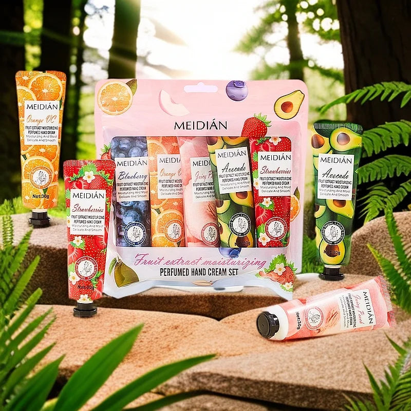 Lot 5 Crèmes Mains Parfumées Fruits - Hydratantes Longue Tenue Fragrance Soin Masque Mains