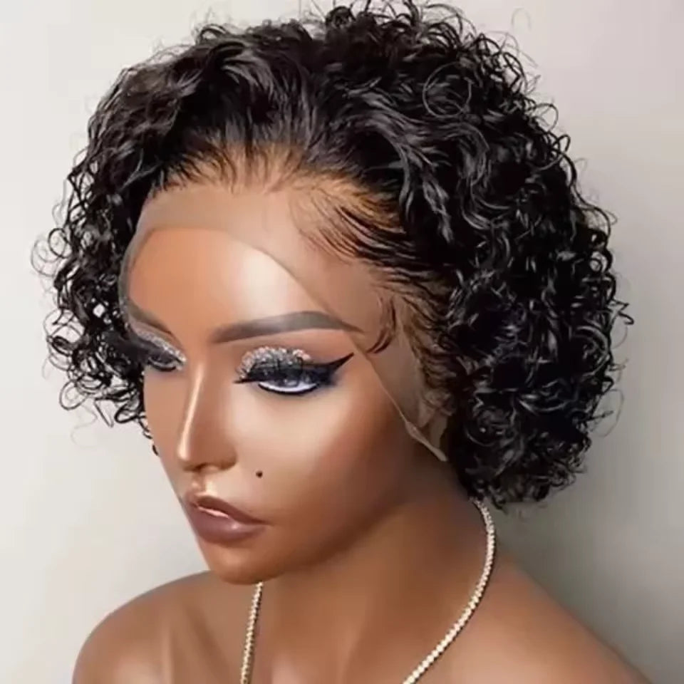 Perruque Cheveux Humains Pixie Cut Courte Bouclée - Lace Front 13x1 Brésilienne Water Wave Bob