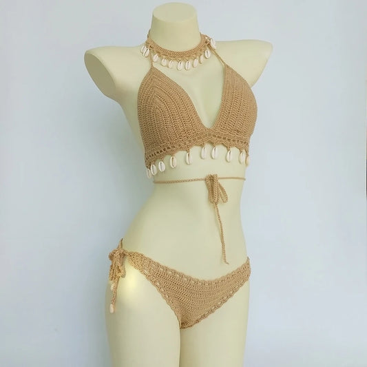 Ensemble Bikini 3 Pièces Crochet avec Coquillages - Top à Franges, String Sexy et Chaîne de Cheville Coquillage