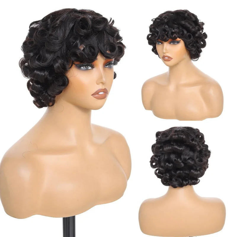 Perruque Bob Bouclée Synthétique avec Frange - Style Naturel pour Femmes