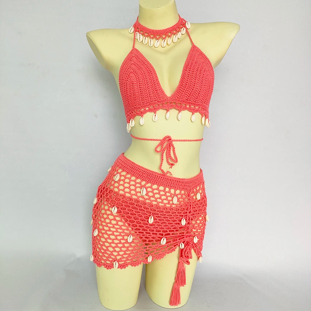 Ensemble Bikini 4 Pièces Crochet avec Coquillages - Top à Franges, Sexy,Taille Haute et Jupe