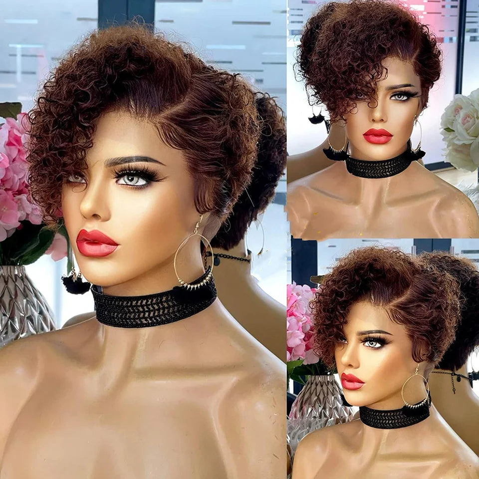 Perruque Cheveux Humains Bob Pixie Cut Bouclée - Lace Front 13x5x1 Péruvienne Deep Wave Femme