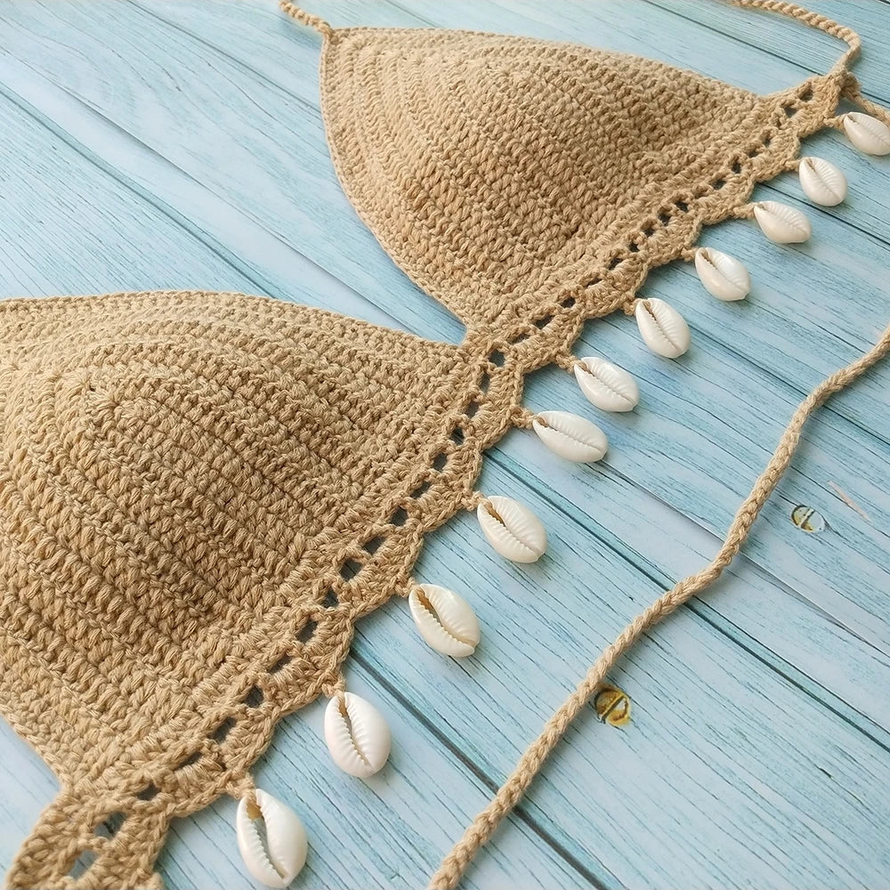 Ensemble Bikini 3 Pièces Crochet avec Coquillages - Top à Franges, String Sexy et Chaîne de Cheville Coquillage