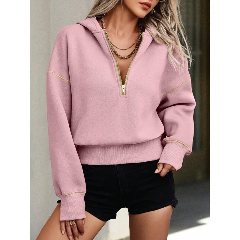 Sweat Femme Court Capuche Demi-Zip - Hoodie Loose Casual Manches Longues Printemps Automne