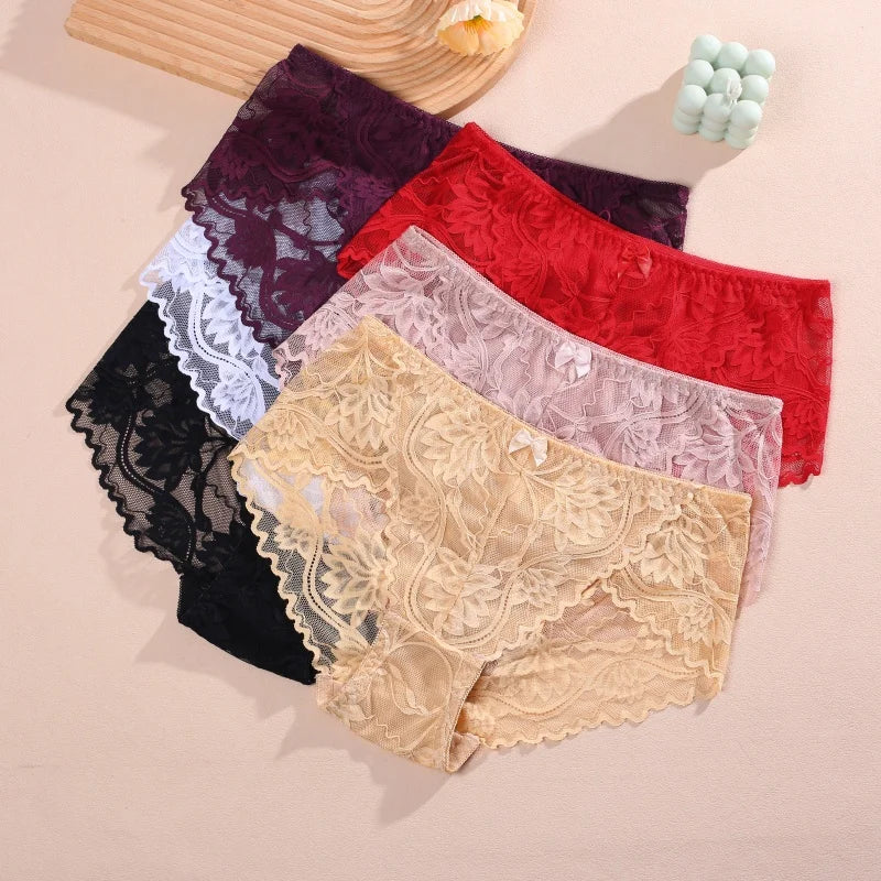 Lot 4 Culottes Femme Dentelle Sexy - String Taille Basse Broderie Florale Respirant Confort