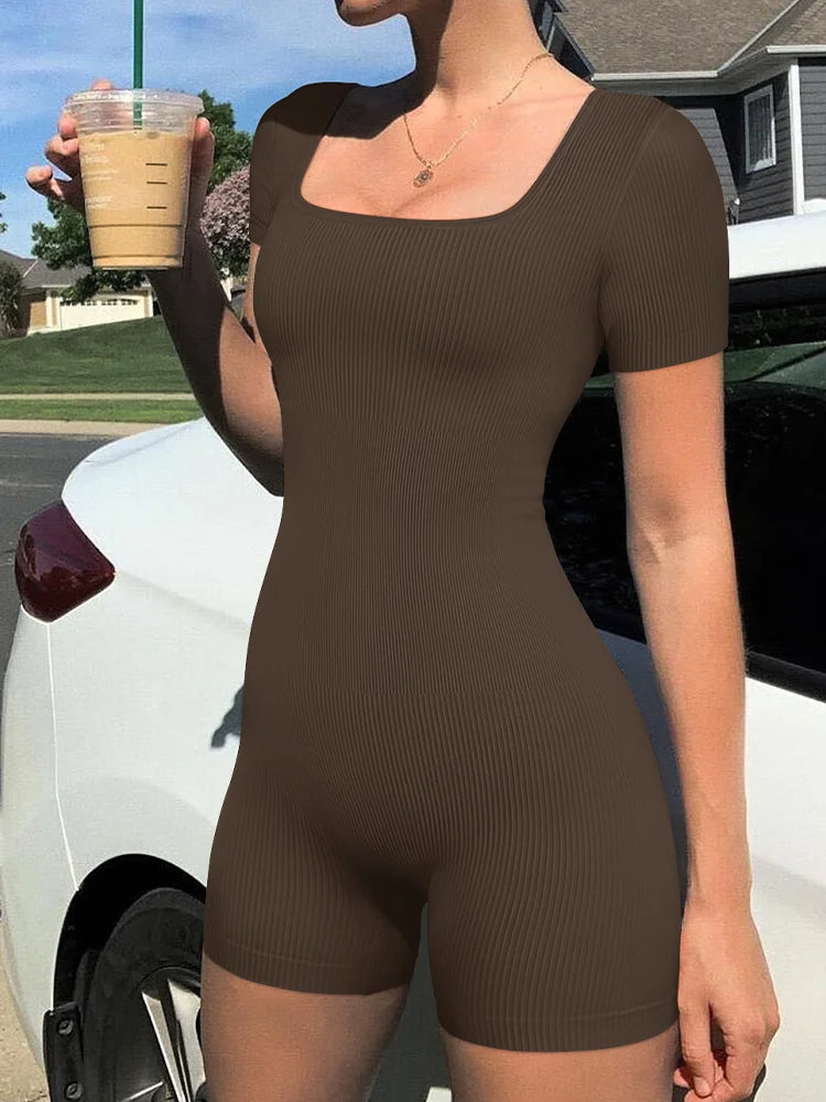 Combinaison Femme Col Carré Manches Courtes - Body Moulant Sexy Taille Haute Streetwear