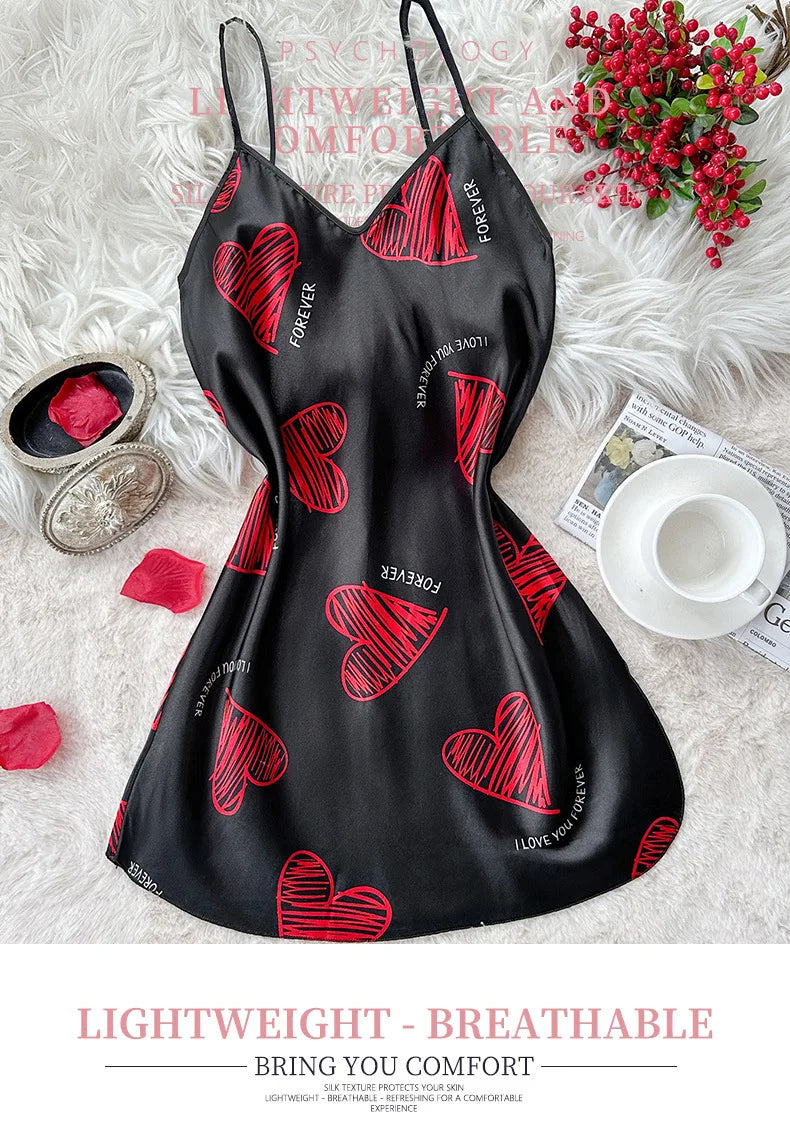Nuisette Satin Imprimée Col V Dos Nu - Mini Sleep Dress Sexy Pyjama Cosplay Femme