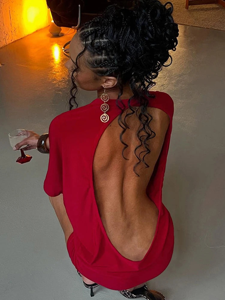 Robe Mini Dos Nu Femme Manches Courtes - Robe Moulante Sexy Y2K Streetwear