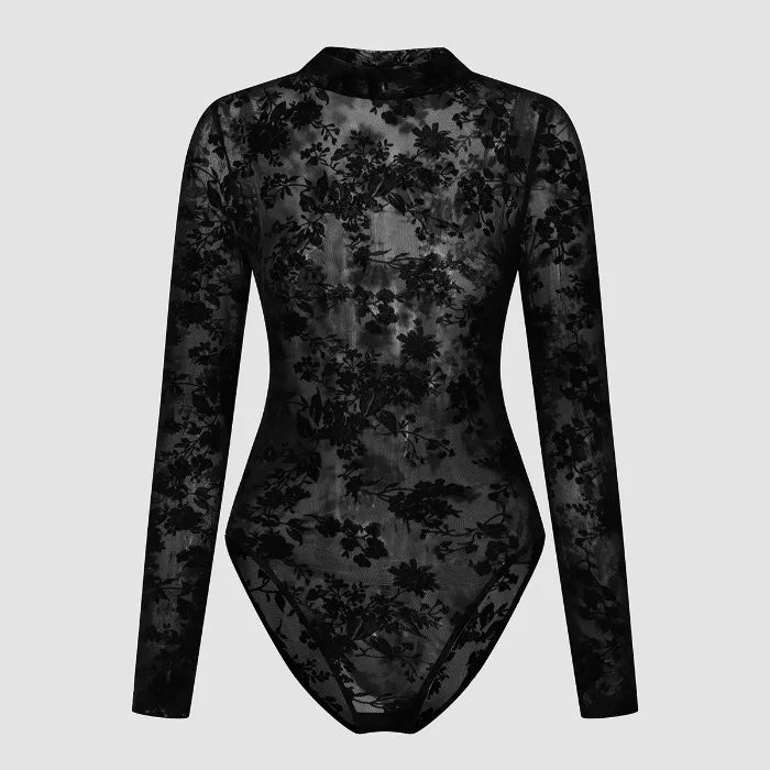 Bodysuit Dentelle Femme 2025 - Imprimé Sexy Slim Fit Taille Haute Manches Longues