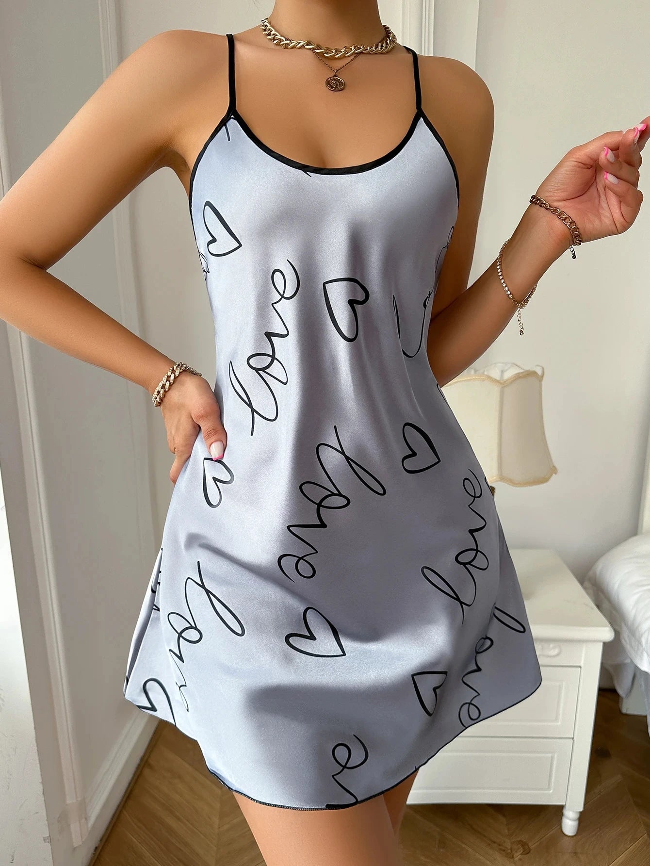 Nuisette Imprimé Cœur Lettres Bretelles Spaghetti - Col Rond Casual Sleep Dress Pyjama Femme